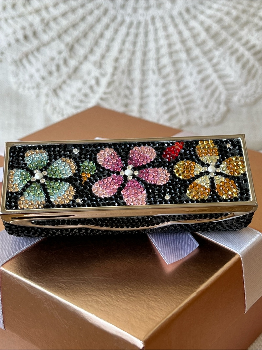 Judith Leiber Crystal Floral Compact Mirror Multicolor Crystals, GUC 🍀🌺🌼